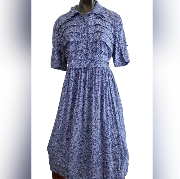 karin stevens Dresses & Skirts - Karin Stevens Indigo Ruffle Midi Dress Size 12 Cottagecore Blue Vintage Style